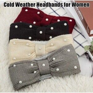 4 Pcs Winter Plush Fleece Knit Headbands for Women Elastic Bow Pearl Headwear